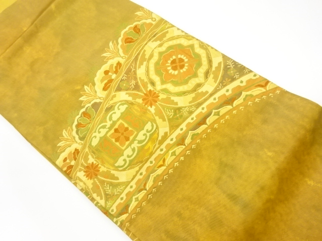 JAPANESE KIMONO / VINTAGE NAGOYA OBI / WOVEN ABSTRACT FLORAL PLANTS & FLOWER CREST